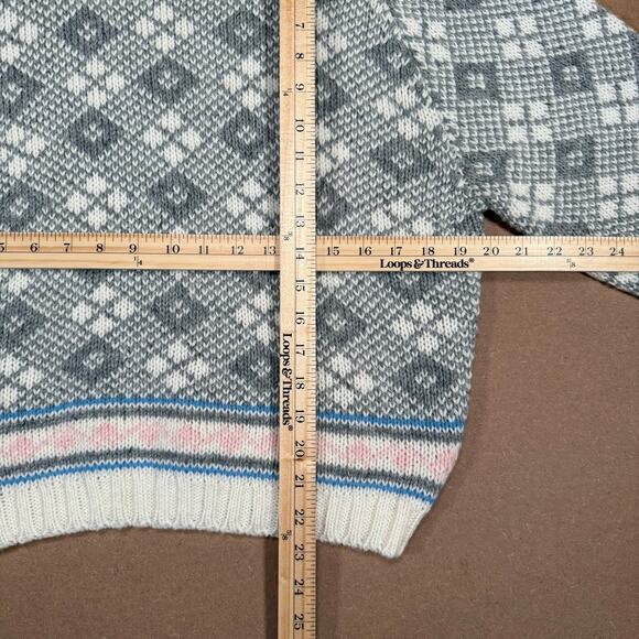 Vintage 80s Grandma Collared Sweater L Gray White Argyle Knit Pink Pastel Trim - Picture 7 of 7